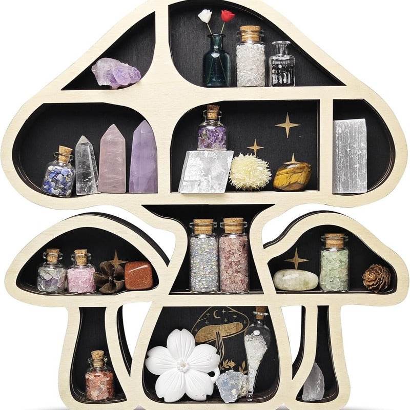 Adorable Mushroom - themed Decor. Wall - mounted Wooden Floating Mushroom Shelf. Ideal as a Crystal Display Shelf or a Rock Gem - IntuitiveEncBoutique