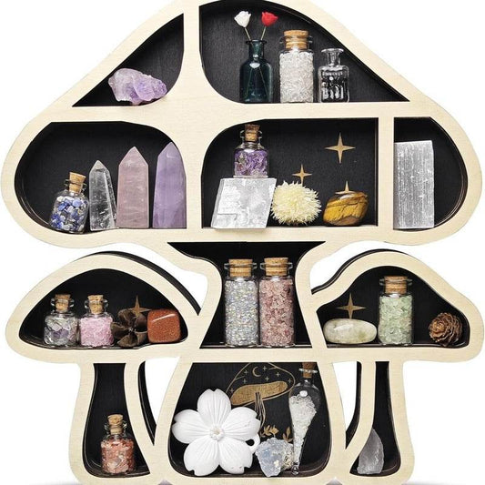 Adorable Mushroom - themed Decor. Wall - mounted Wooden Floating Mushroom Shelf. Ideal as a Crystal Display Shelf or a Rock Gem - IntuitiveEncBoutique