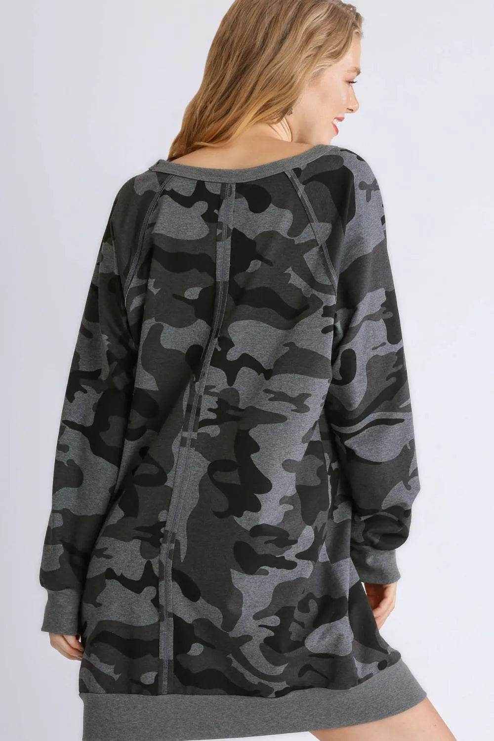 Full Size Camo Print Ribbed Hem French Terry Mini Dress Plus Size - IntuitiveEncBoutique
