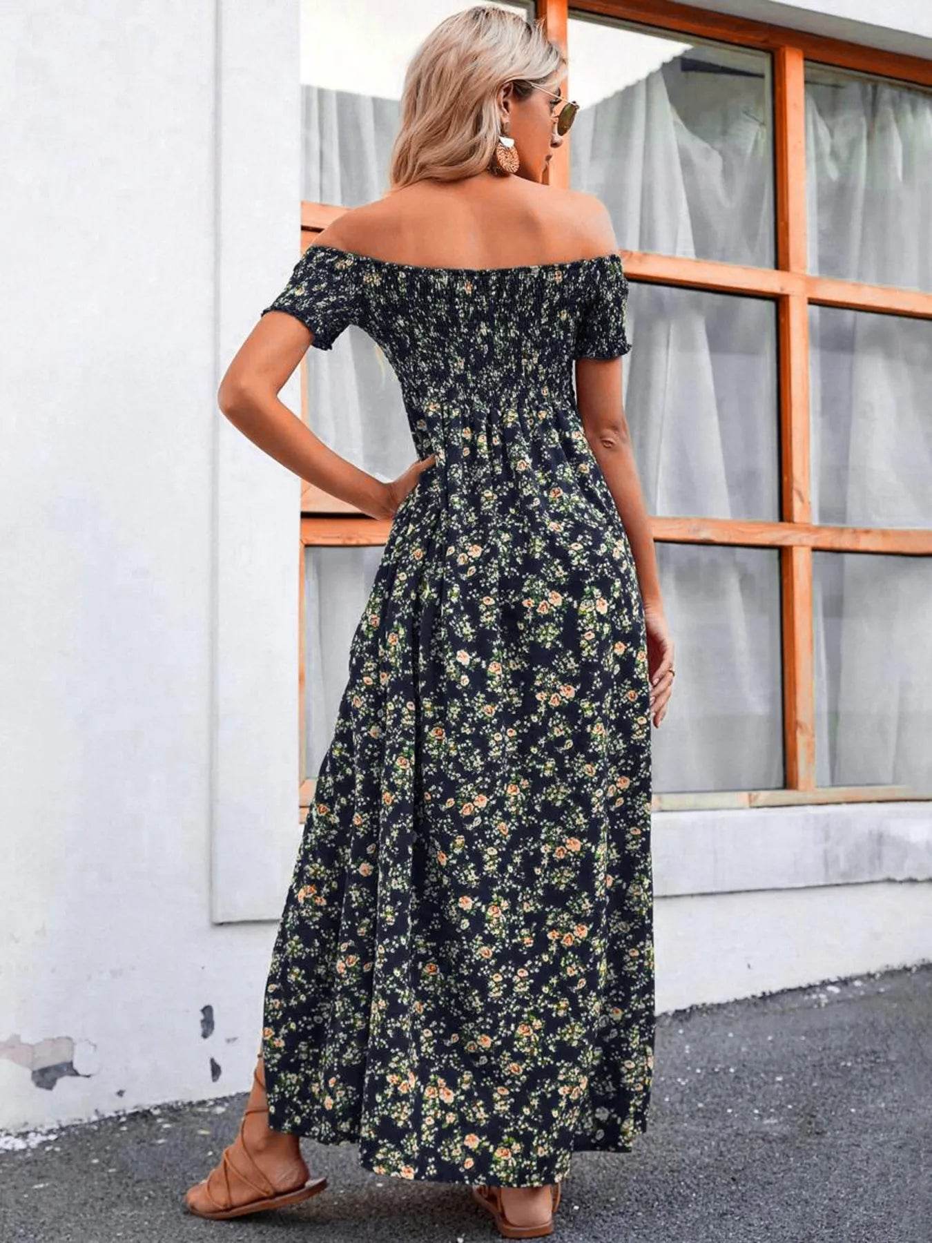 Full Size Slit Off-Shoulder Floral Midi Dress Plus Size - IntuitiveEncBoutique
