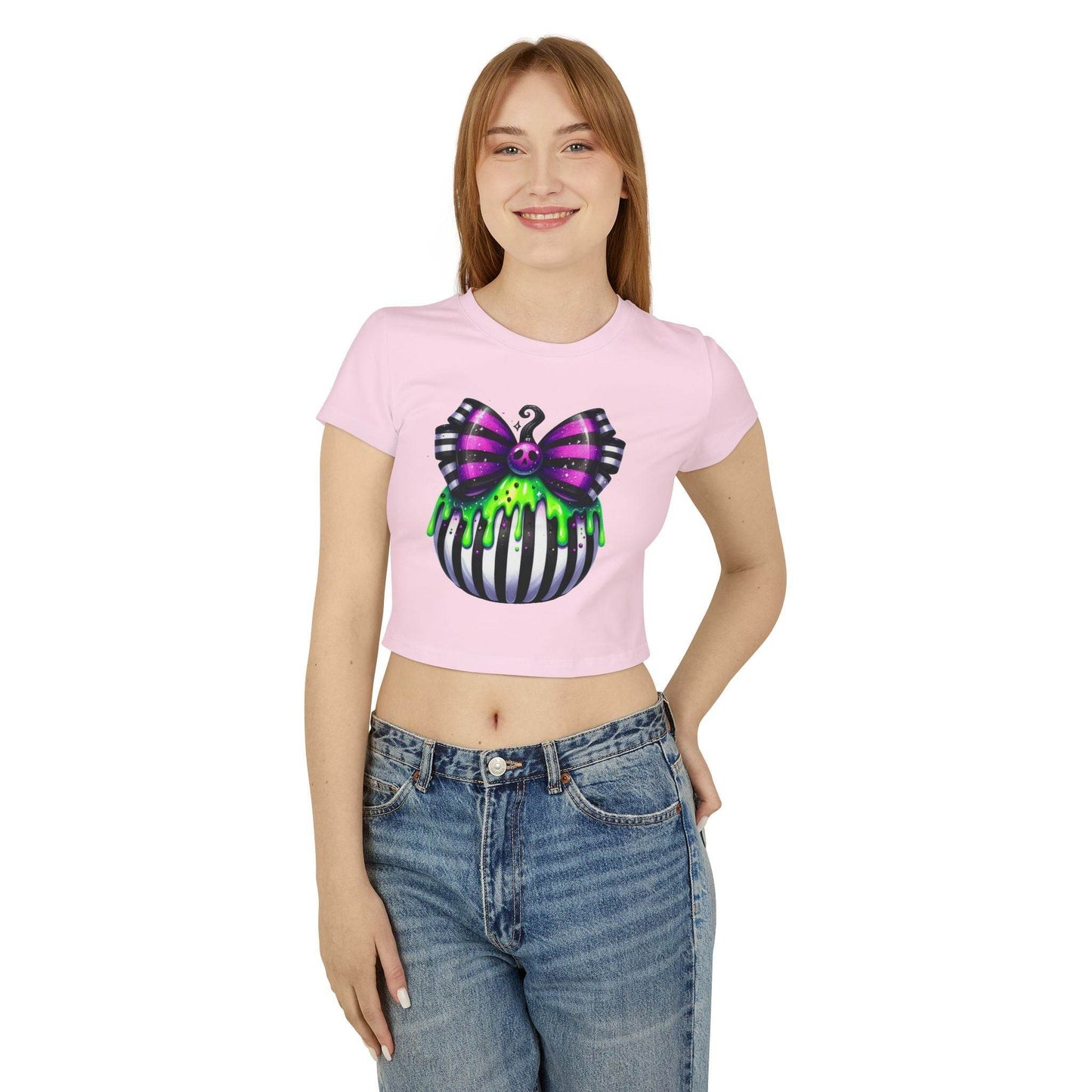 Cute Halloween Baby Tee with Spooky Bow Design | Women's Graphic T-Shirt, Party Shirt, Fall Fashion, Gift Idea, Casual Wear - IntuitiveEncBoutique