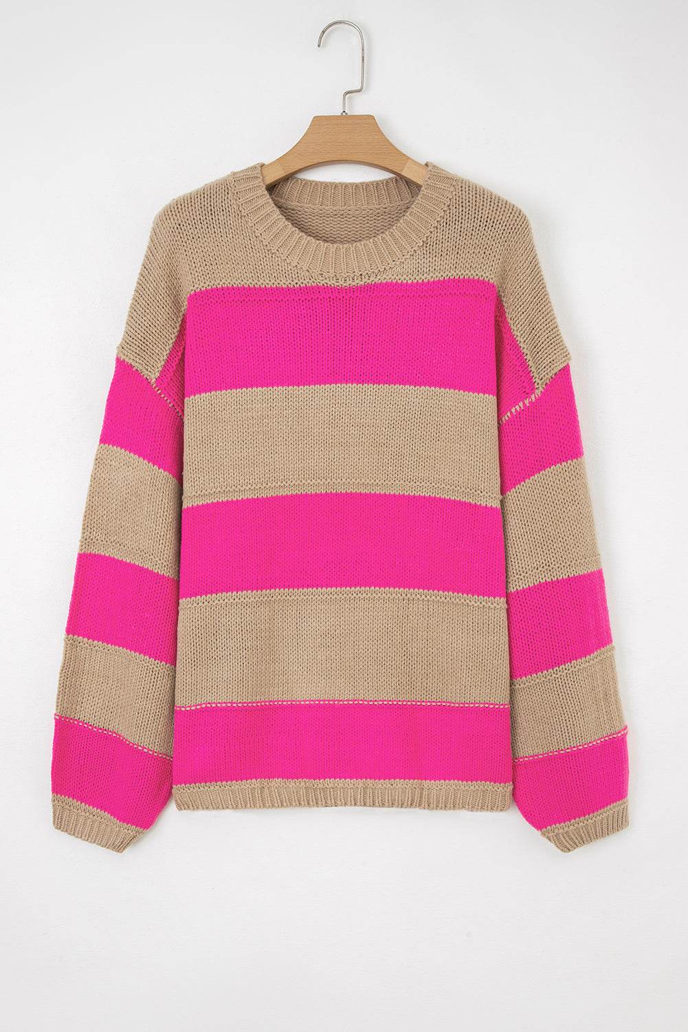 Khaki Stripe Color Block PLus Size Drop Shoulder Sweater - IntuitiveEncBoutique