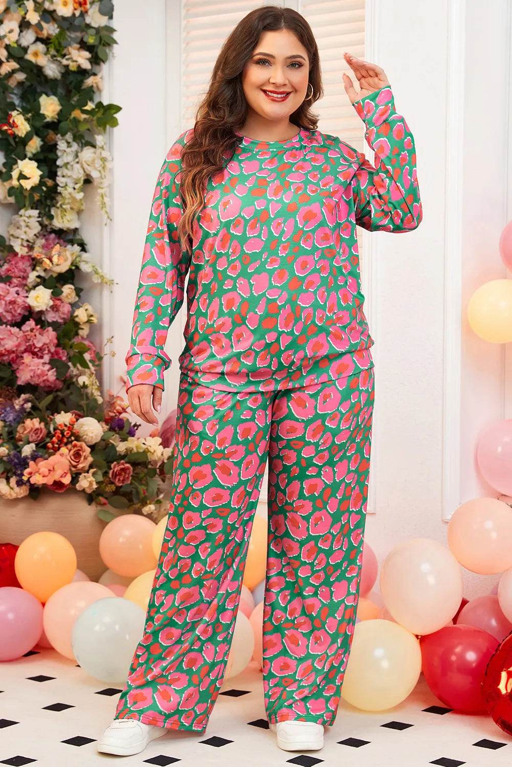 Plus Size Printed Round Neck Long Sleeve Top and Pants Set - IntuitiveEncBoutique