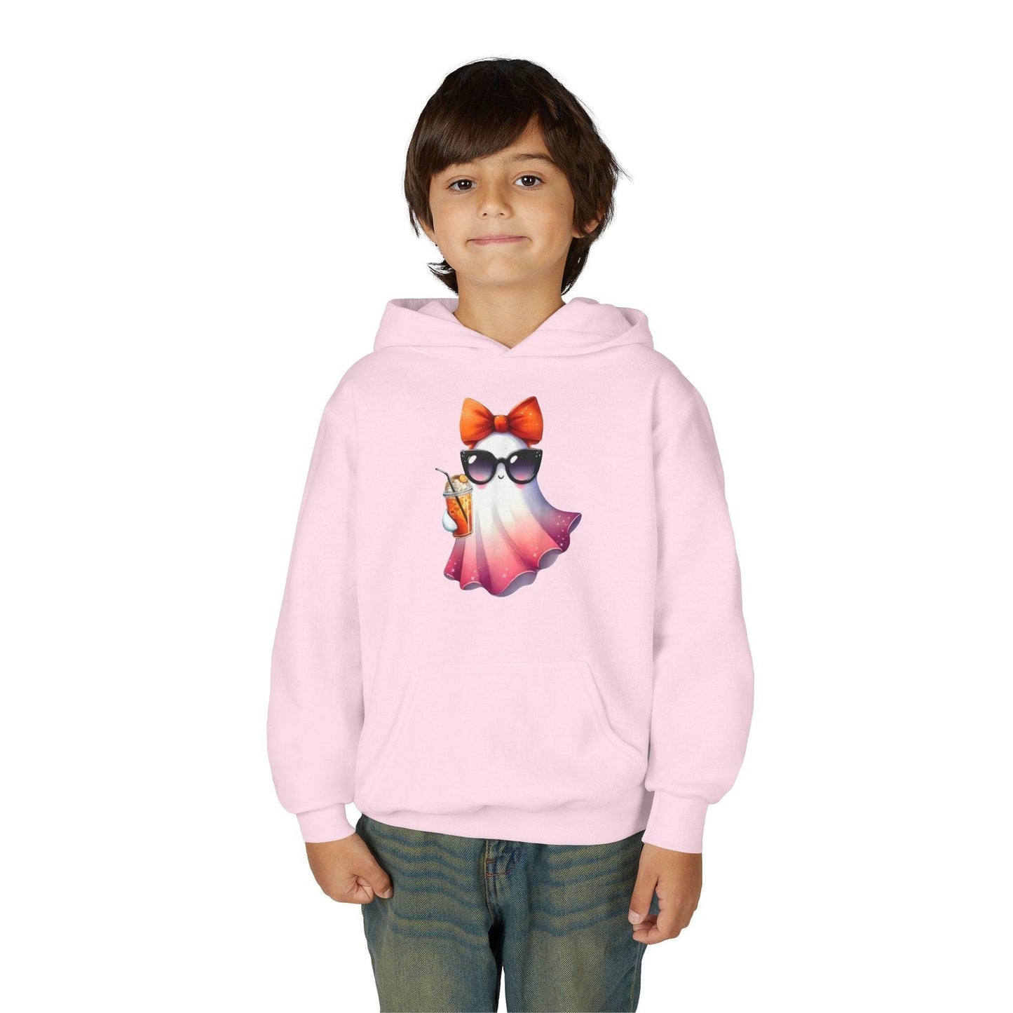 Youth Ghostly Glam Hoodie, Cute Ghost Design Sweatshirt, Halloween Apparel, Halloween Costume, Kids Hooded Sweatshirt - IntuitiveEncBoutique