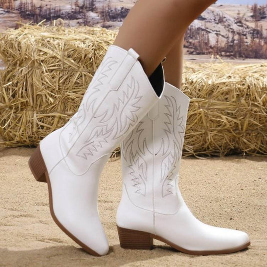 Vintage Tribal Pattern Chunky Heel Ankle Boots for Women with Embroidery Round Toe Martin Boots - IntuitiveEncBoutique
