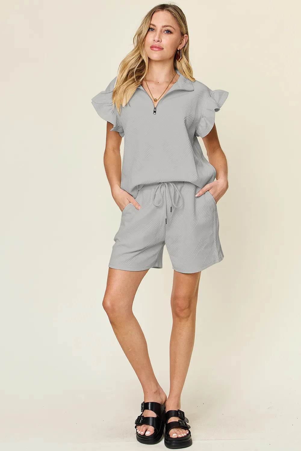 Double Take Full Size Texture Flounce Sleeve Top and Drawstring Shorts Set - IntuitiveEncBoutique