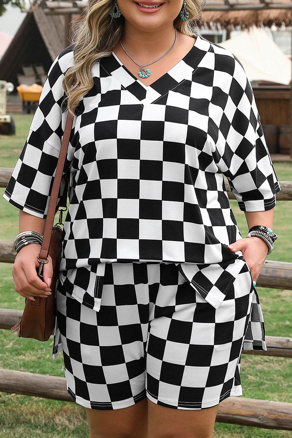Black Checkered Pattern Tee and Shorts Plus Size Two Piece Set - IntuitiveEncBoutique