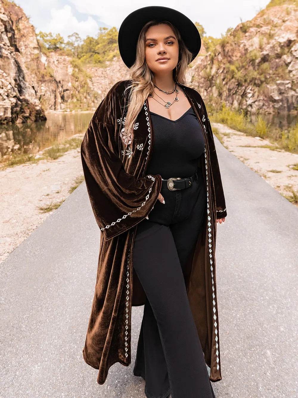 Plus Size Embroidery Open Front Long Sleeve Cardigan - IntuitiveEncBoutique