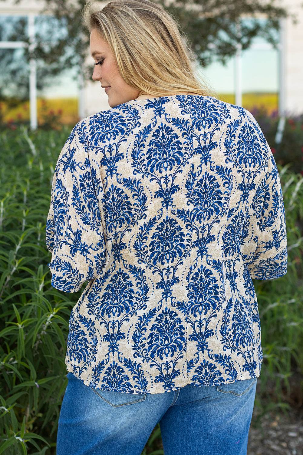 Blue Plus Size Ethnic Printed 3/4 Sleeve V Neck Loose Blouse - IntuitiveEncBoutique