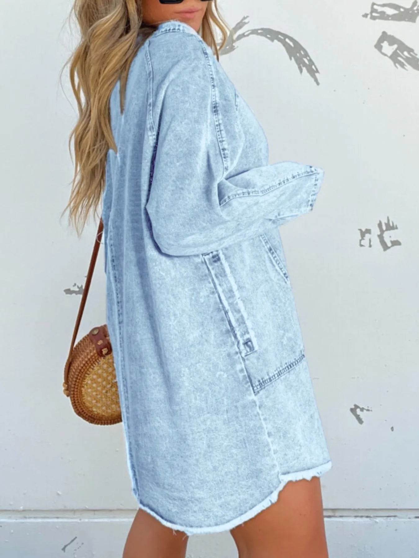 Full Size Button-Front Long Sleeve Denim Shirt Dress Plus Size - IntuitiveEncBoutique