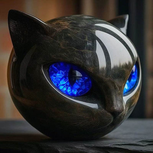 Black cat stone statue (resin head, marble texture): healing stone, souvenir, gift, home/office desk decor. - IntuitiveEncBoutique