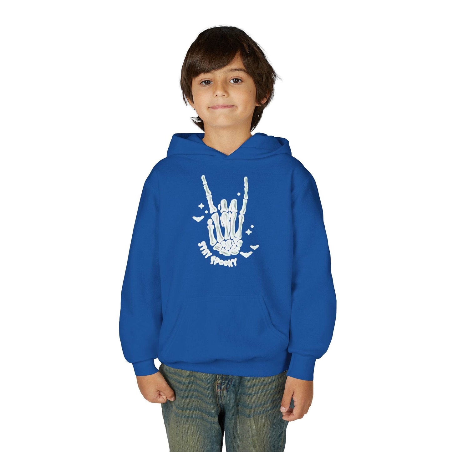 Youth Ghostly Rocker Hoodie - Stay Spooky Sweatshirt, Halloween Apparel, Youth Fashion, Skeleton Design, Cozy Gift - IntuitiveEncBoutique