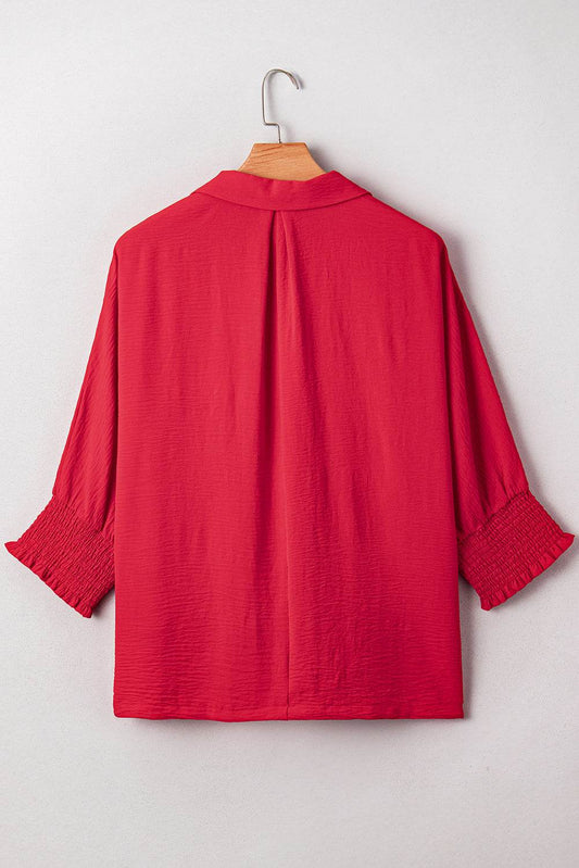 Fiery Red Plus Size Smocked Cuff Dolman Oversized Tunic Blouse - IntuitiveEncBoutique