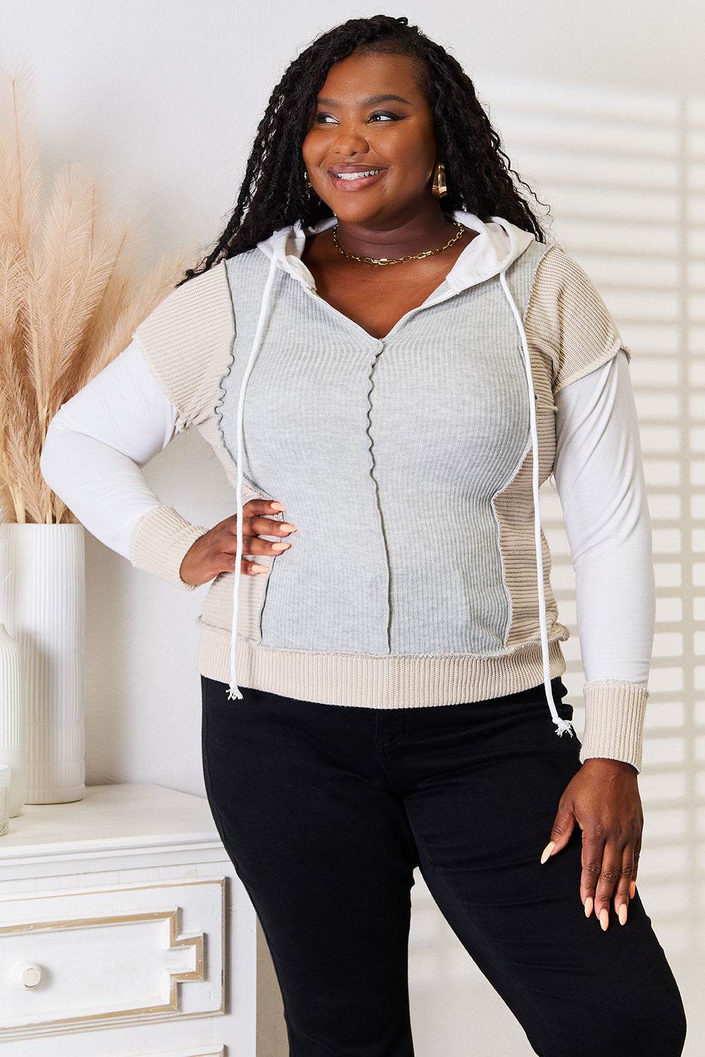 Double Take Color Block Exposed Seam Drawstring Hoodie - IntuitiveEncBoutique