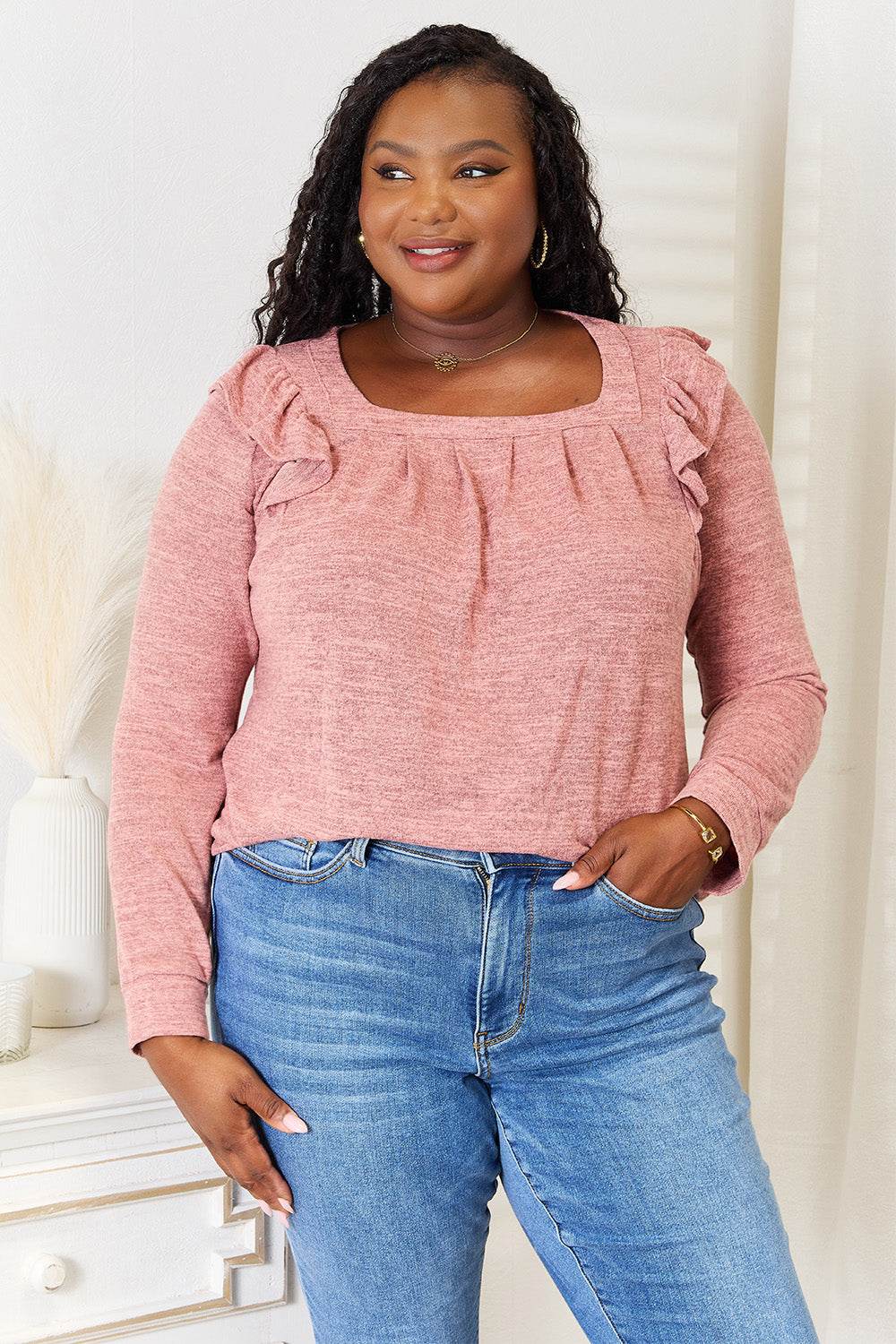 Double Take Square Neck Ruffle Shoulder Long Sleeve T-Shirt - IntuitiveEncBoutique