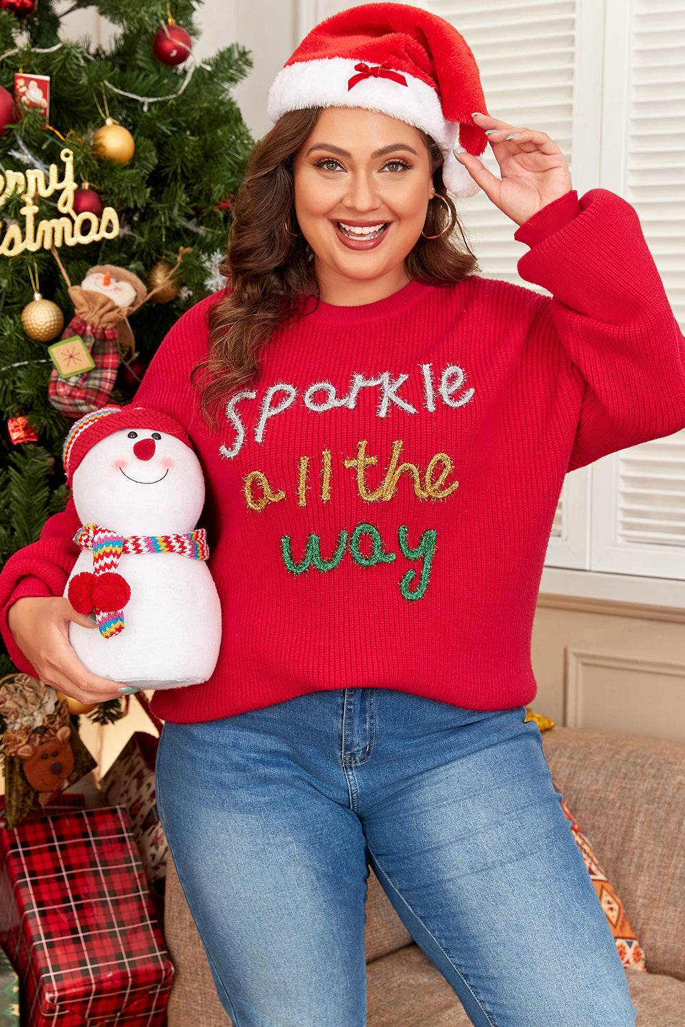 Racing Red Sparkle All The Way Tinsel Crew Neck Plus Size Sweater - IntuitiveEncBoutique