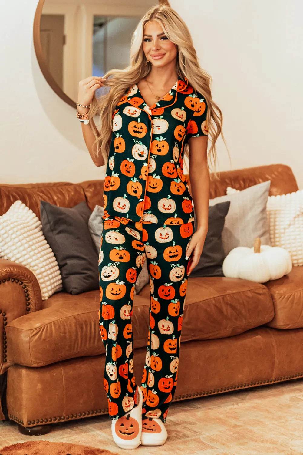 Pumpkin Printed Short Sleeve Top and Pants Lounge Set - IntuitiveEncBoutique