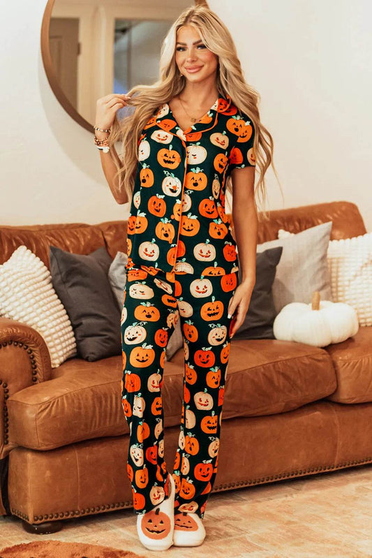 Pumpkin Printed Short Sleeve Top and Pants Lounge Set - IntuitiveEncBoutique