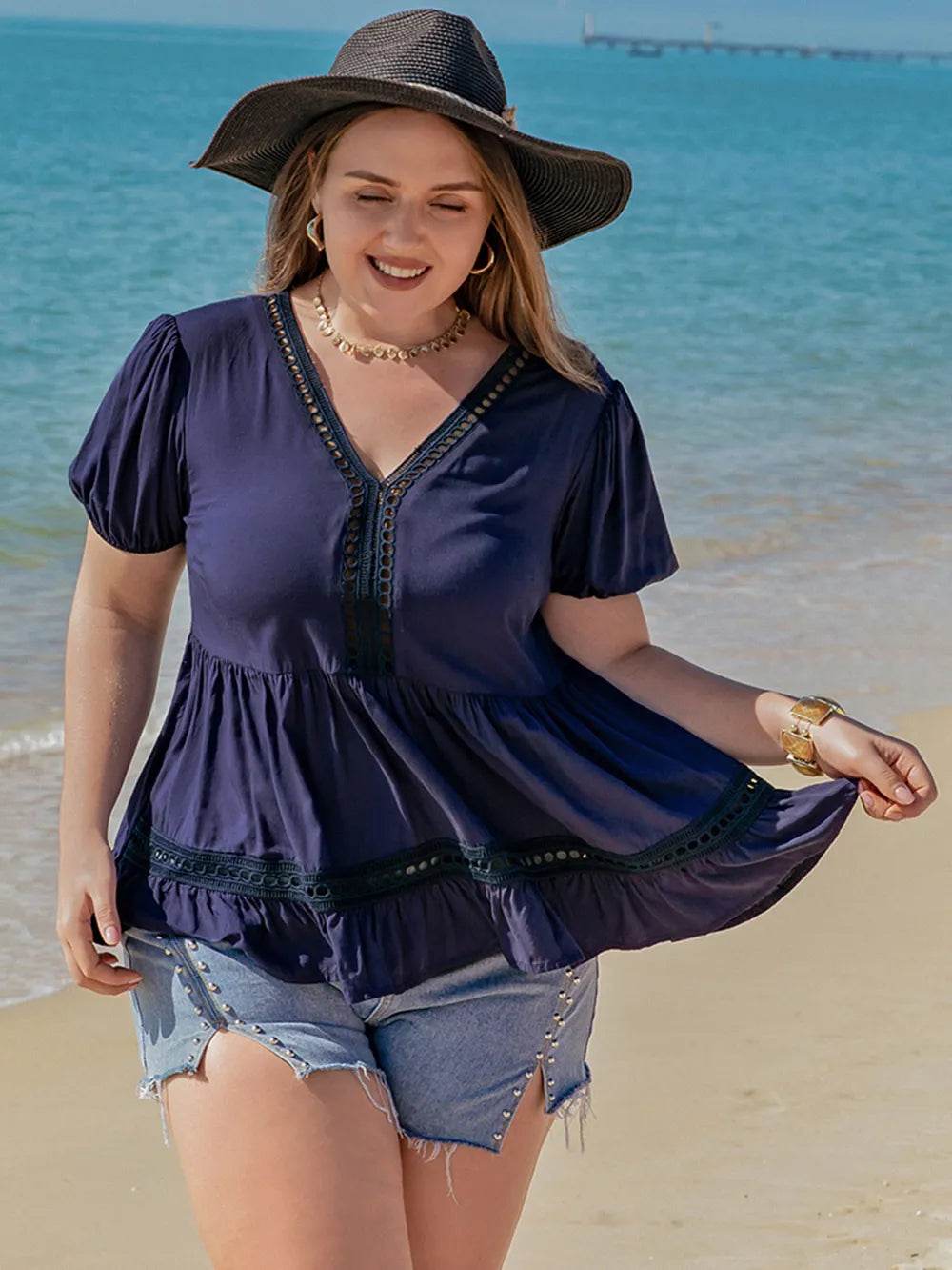 Plus Size Peplum V-Neck Short Sleeve Blouse - IntuitiveEncBoutique