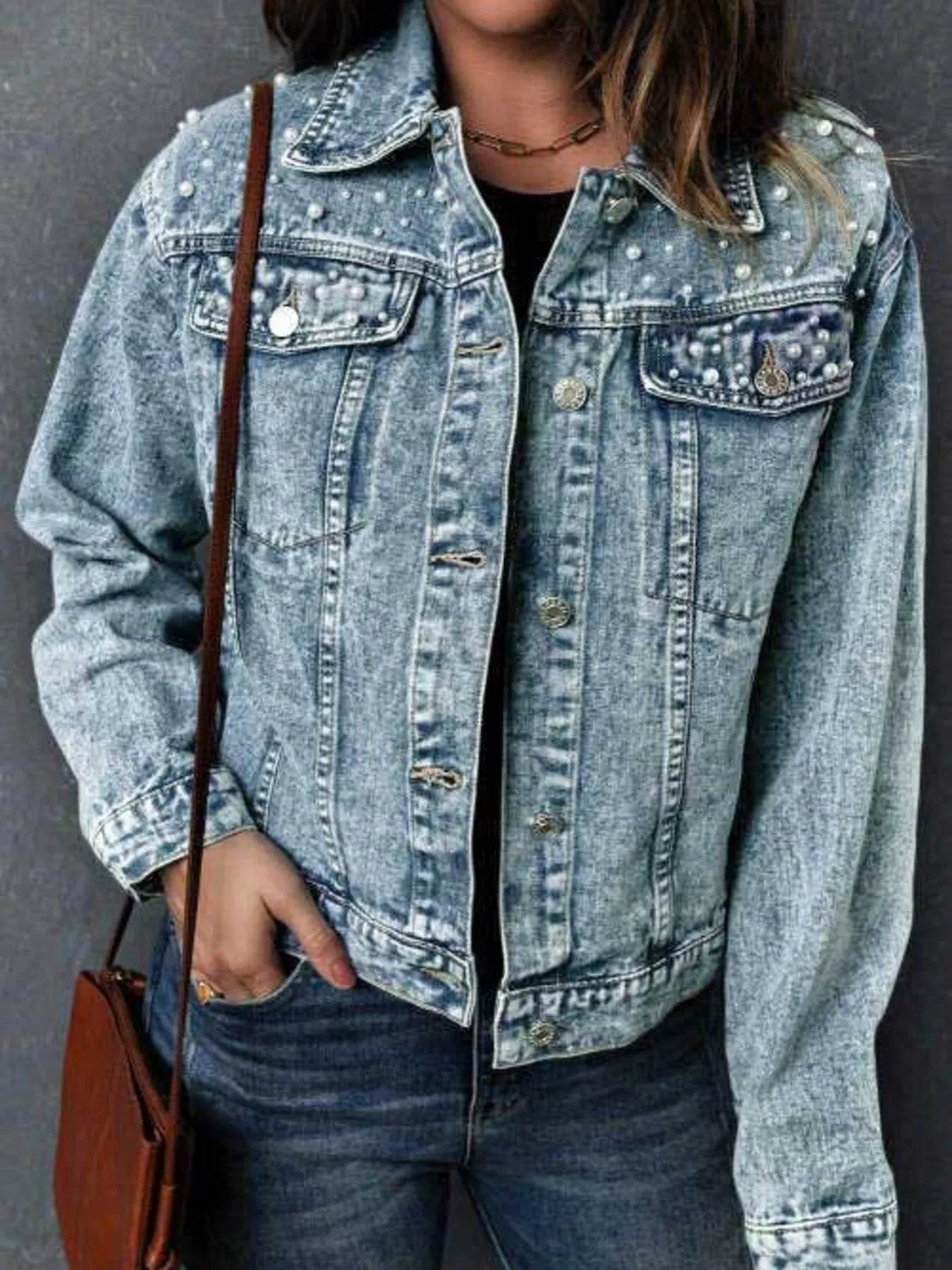 Full Size Pearl Detail Button Up Long Sleeve Denim Jacket Plus Size - IntuitiveEncBoutique