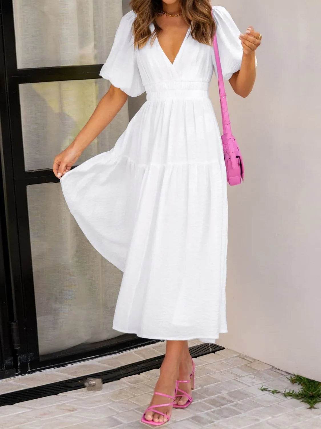 V-Neck Puff Sleeve Midi Dress - IntuitiveEncBoutique