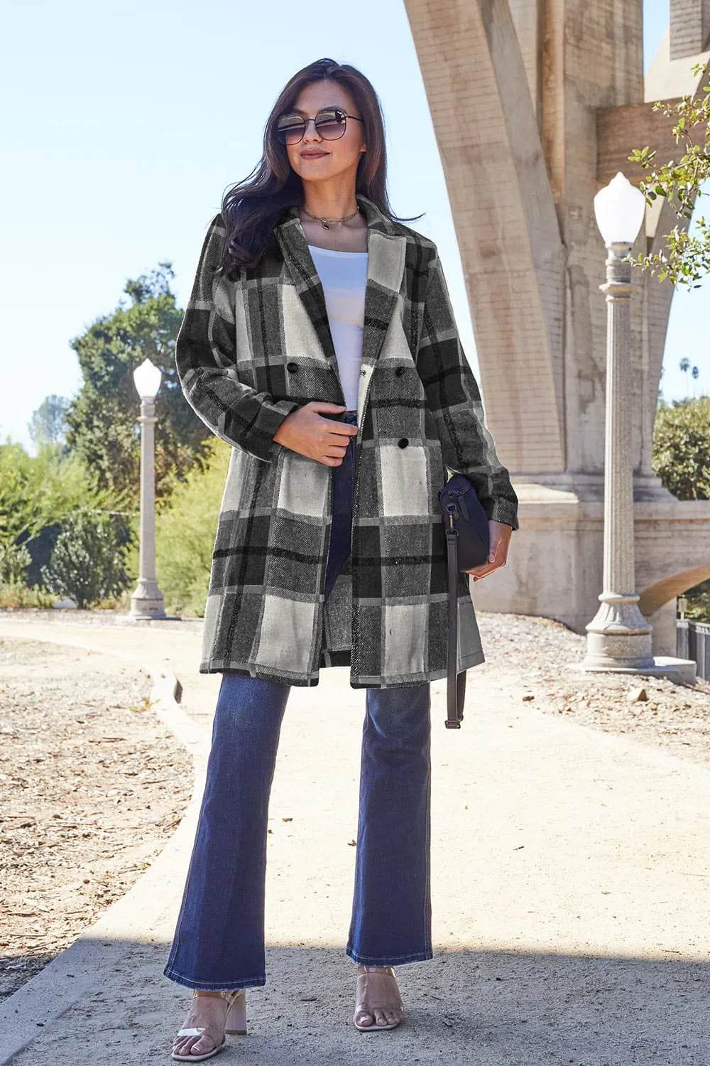 Double Take Full Size Plaid Button Up Lapel Collar Coat - IntuitiveEncBoutique