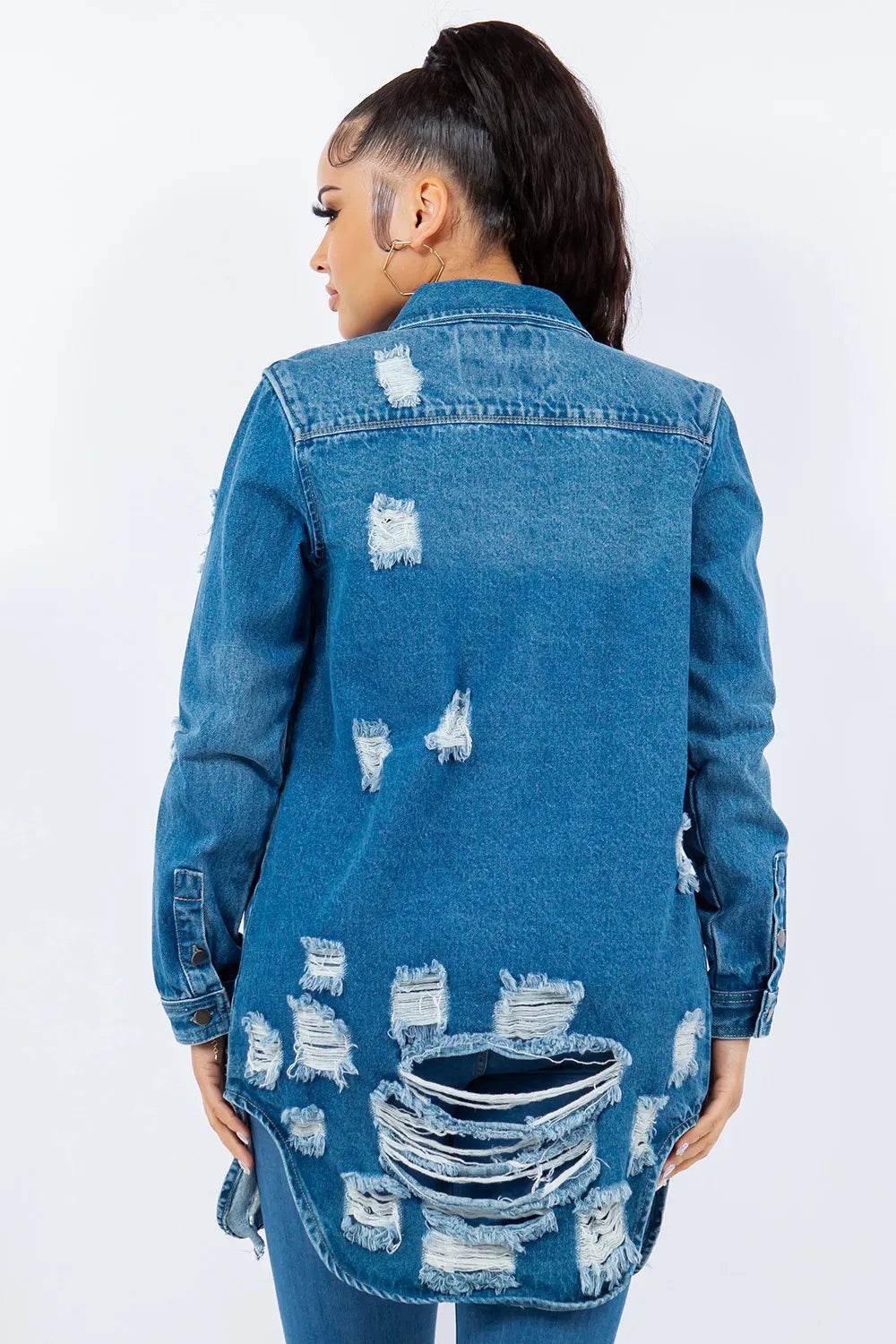 American Bazi Distressed Button Up Long Sleeve Denim Jacket - IntuitiveEncBoutique