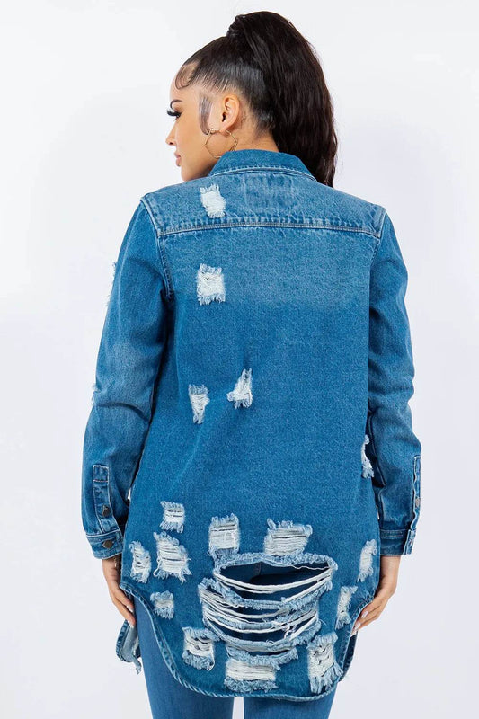 American Bazi Distressed Button Up Long Sleeve Denim Jacket - IntuitiveEncBoutique