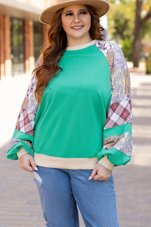 Sky Blue Plus Size Plaid Floral Patchwork Raglan Sleeve Sweatshirt - IntuitiveEncBoutique