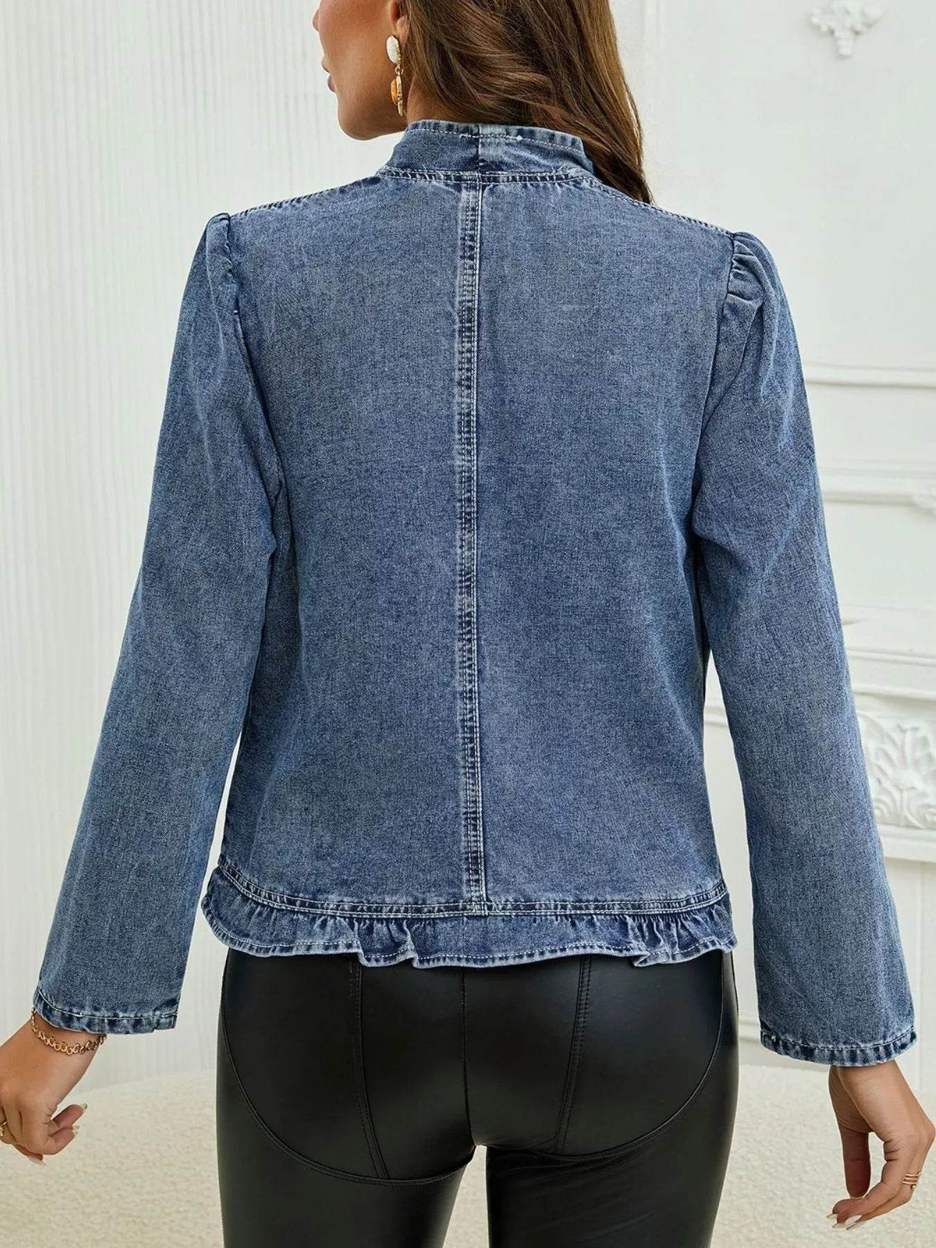 Ruffle Trim Cropped Denim Jacket - IntuitiveEncBoutique