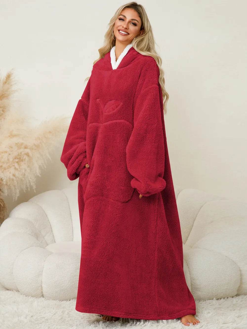 Pocketed Contrast Long Sleeve Hooded Lounge Dress - IntuitiveEncBoutique