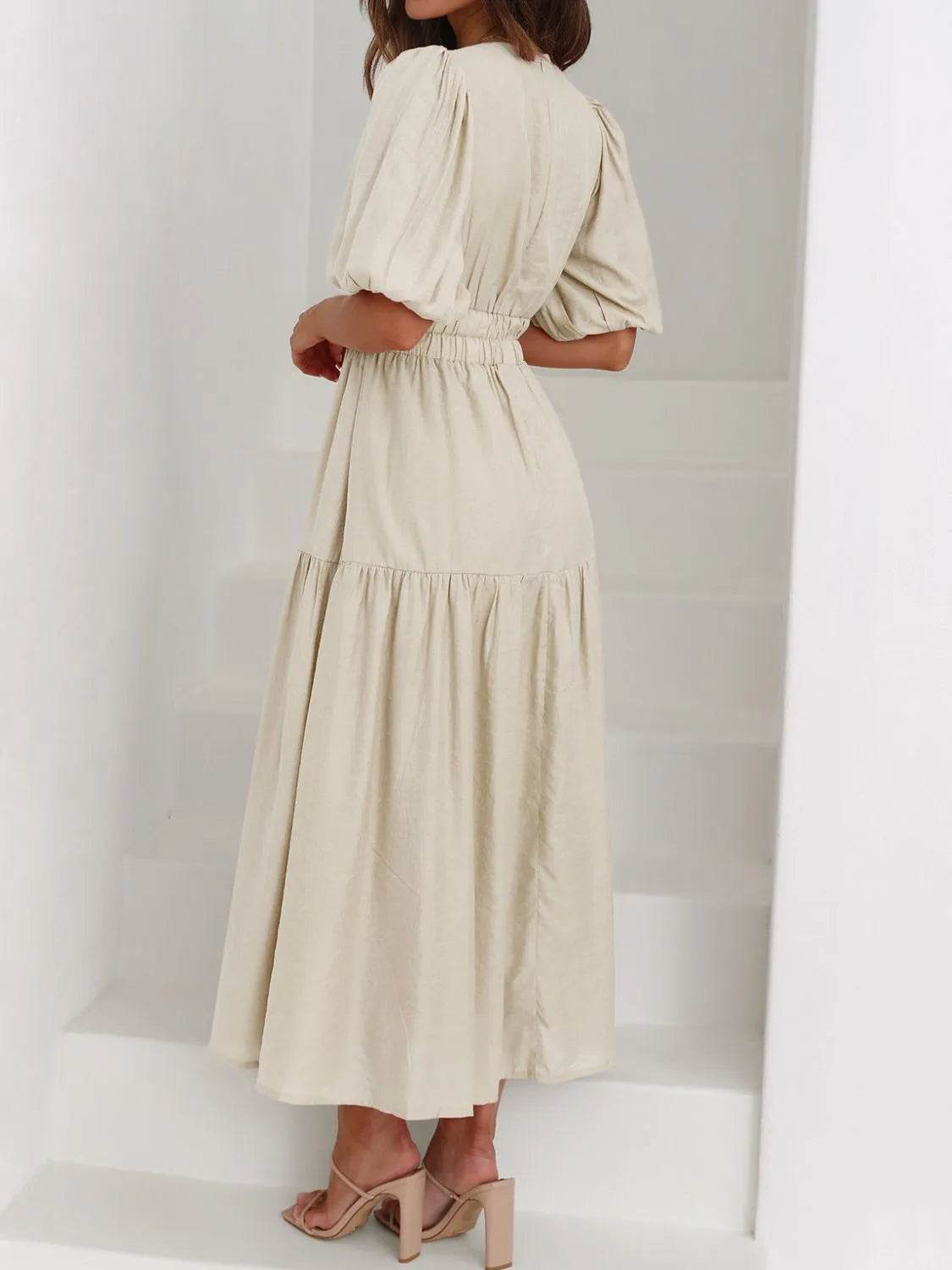 V-Neck Puff Sleeve Midi Dress - IntuitiveEncBoutique