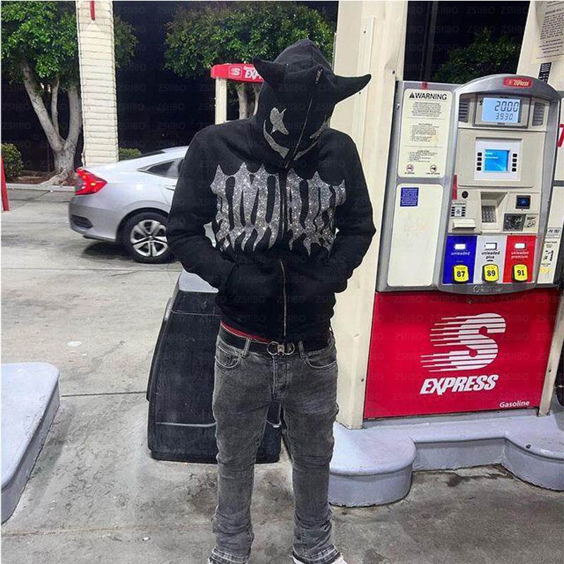 Wholesale Loose Unisex Hooded Zip-Up Sweatshirt with Devil Rhinestone - IntuitiveEncBoutique
