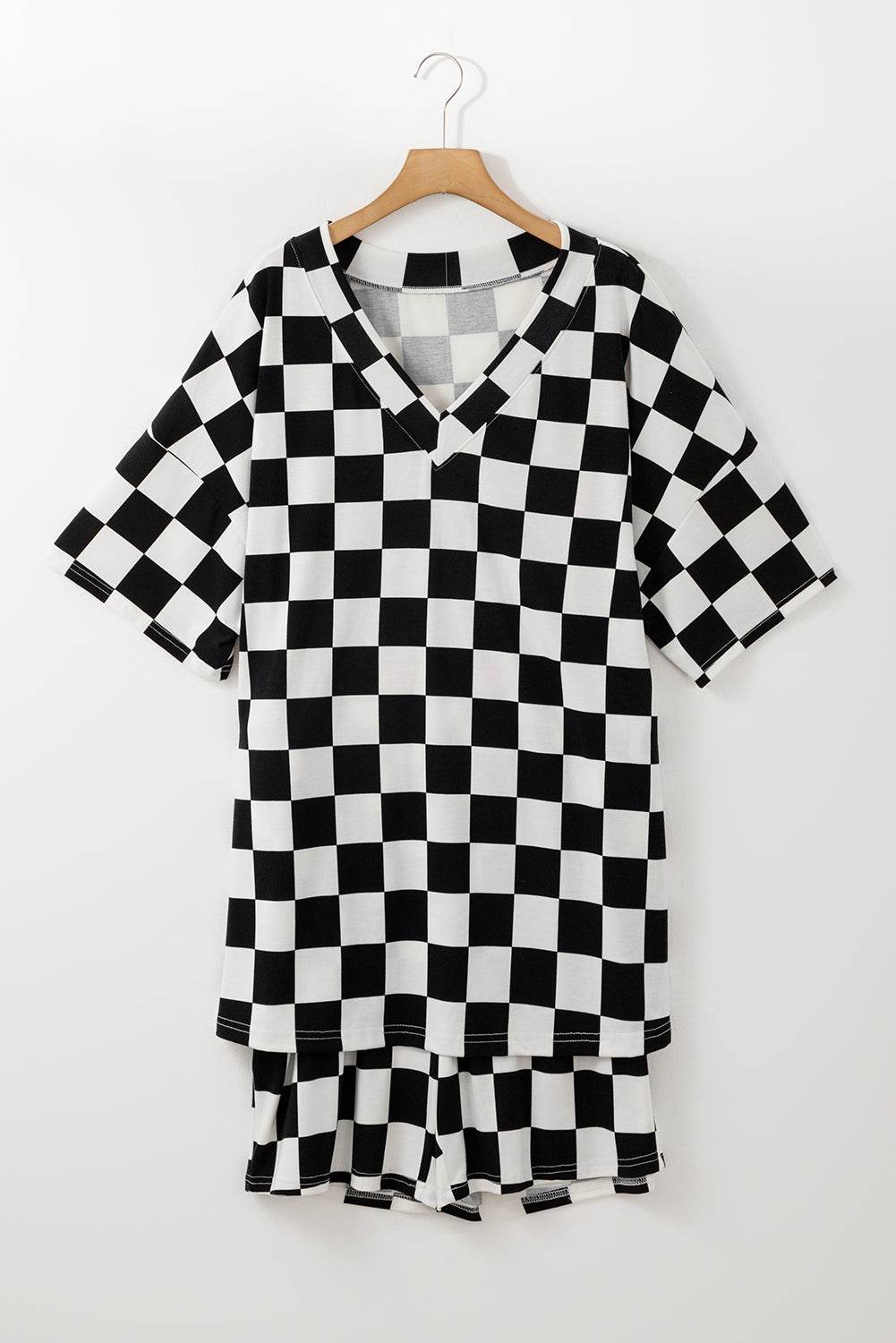 Black Checkered Pattern Tee and Shorts Plus Size Two Piece Set - IntuitiveEncBoutique