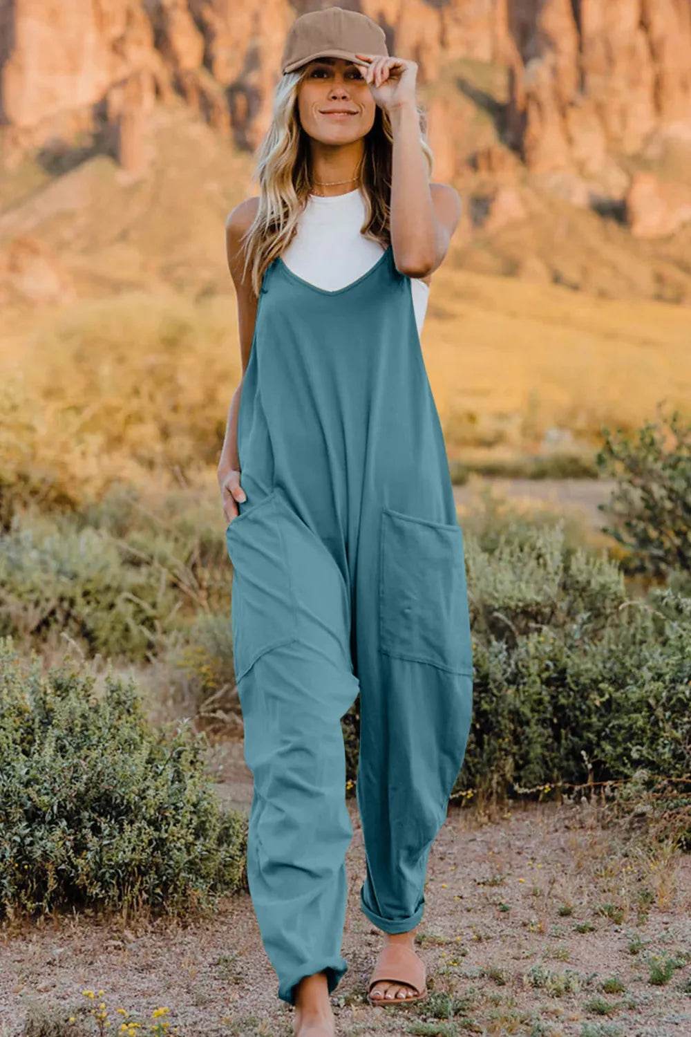 Double Take Full Size V-Neck Sleeveless Jumpsuit with Pockets - IntuitiveEncBoutique