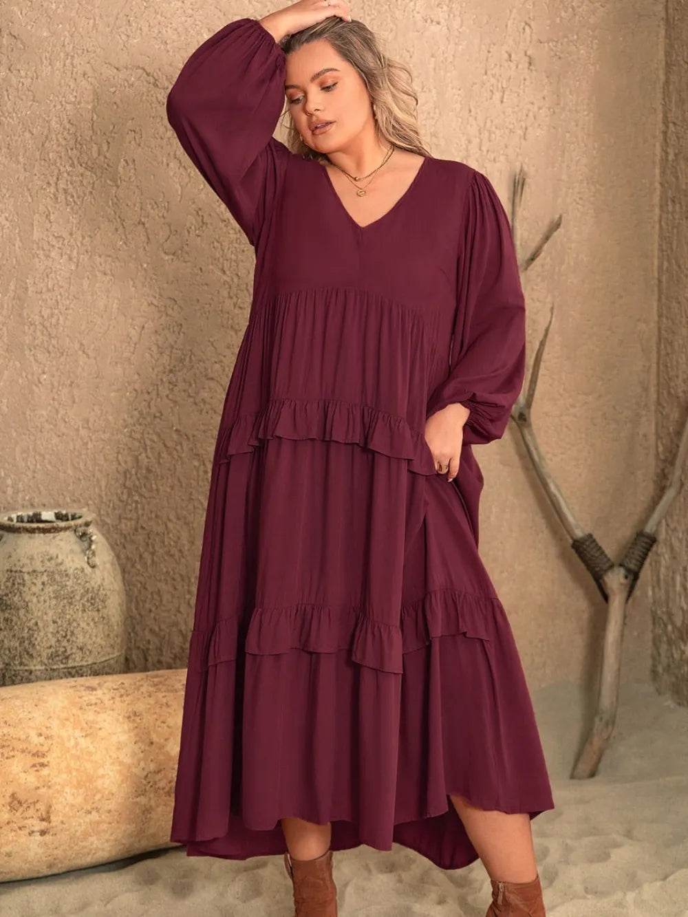 Plus Size Ruffled V-Neck Long Sleeve Dress - IntuitiveEncBoutique