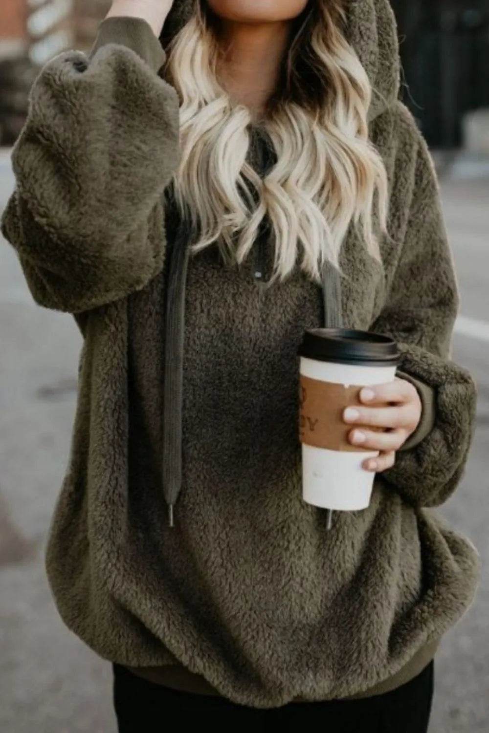 Full Size Quarter-Zip Drawstring Teddy Hoodie - IntuitiveEncBoutique