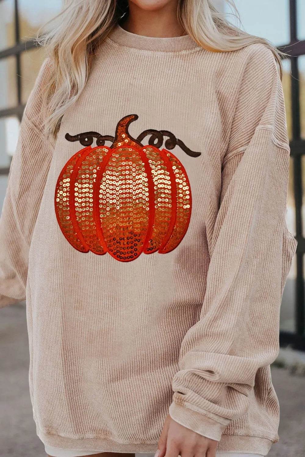Sequin Pumpkin Round Neck Long Sleeve Sweatshirt - IntuitiveEncBoutique