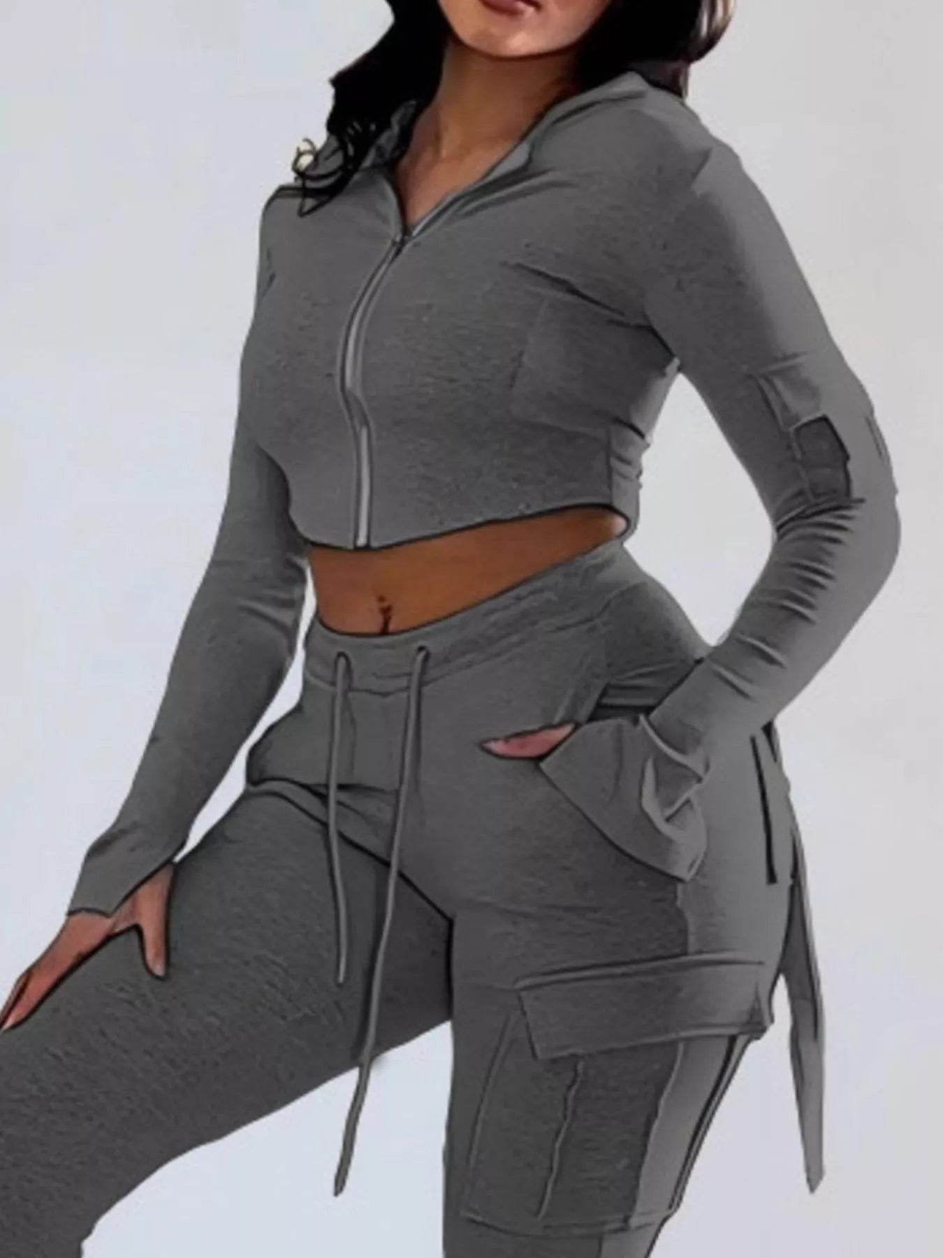 Full Size Zip Up Long Sleeve Hooded Top and Cargo Pants Set Plus Size - IntuitiveEncBoutique