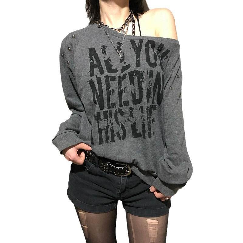 Punk Rivet Letter Print Oblique Collar Sweatshirt Spicy Girl Street Sexy Loose All-Match Off-Shoulder Long Sleeve - IntuitiveEncBoutique