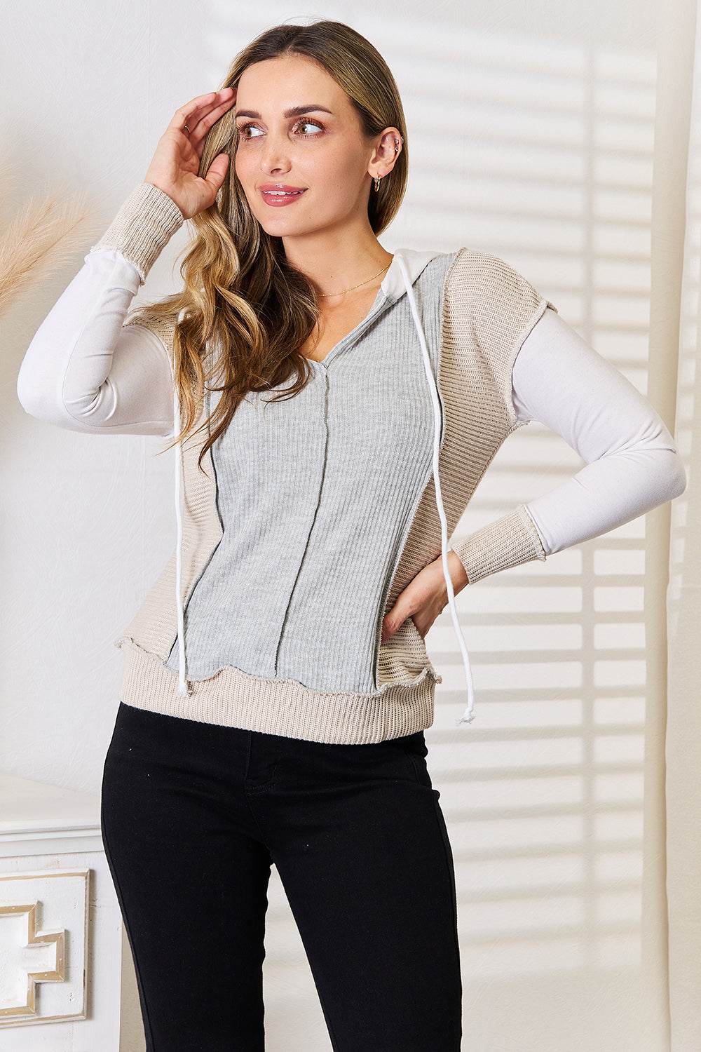 Double Take Color Block Exposed Seam Drawstring Hoodie - IntuitiveEncBoutique