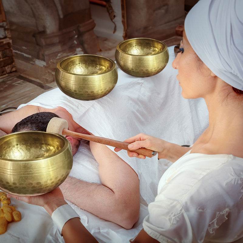 Tibetan brass singing bowl with Sanskrit – handmade meditation instrument for stress relief. - IntuitiveEncBoutique