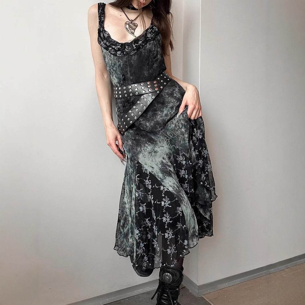 Gothic Vintage Tie-Dye Floral Ruffle Irregular Hem Dress with Sexy Lace Mesh Sleeveless Long Skirt - IntuitiveEncBoutique