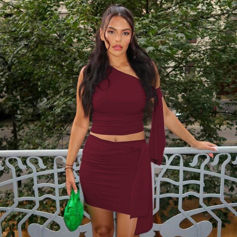 Women's Oblique Collar Tied Top with Fitted Pleated Skirt Set - IntuitiveEncBoutique