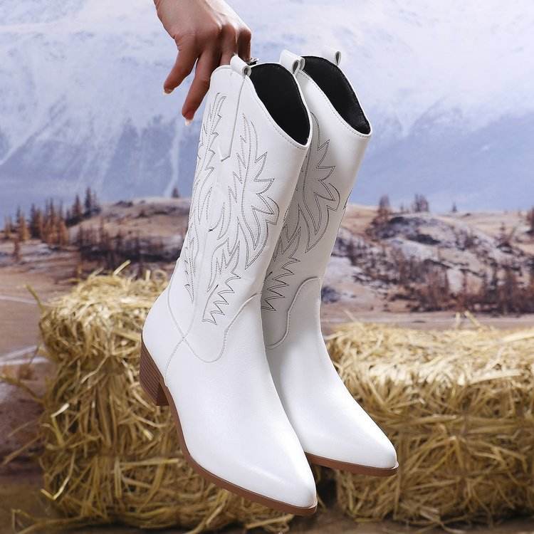Vintage Tribal Pattern Chunky Heel Ankle Boots for Women with Embroidery Round Toe Martin Boots - IntuitiveEncBoutique