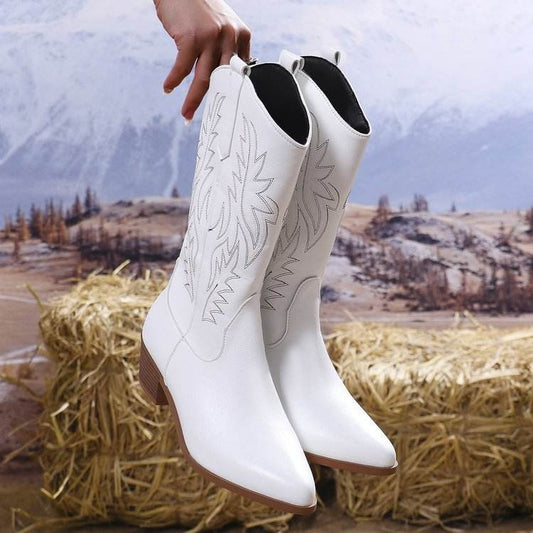 Vintage Tribal Pattern Chunky Heel Ankle Boots for Women with Embroidery Round Toe Martin Boots - IntuitiveEncBoutique
