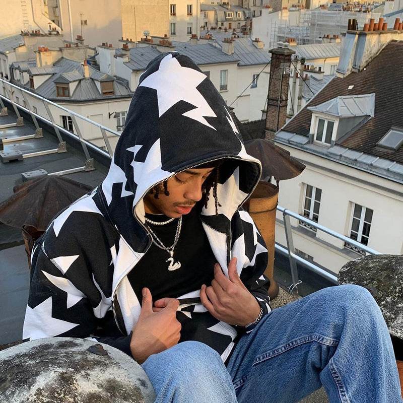Star Pattern Hooded Cardigan Loose Unisex Sweatshirt - IntuitiveEncBoutique