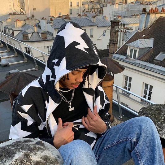 Star Pattern Hooded Cardigan Loose Unisex Sweatshirt - IntuitiveEncBoutique