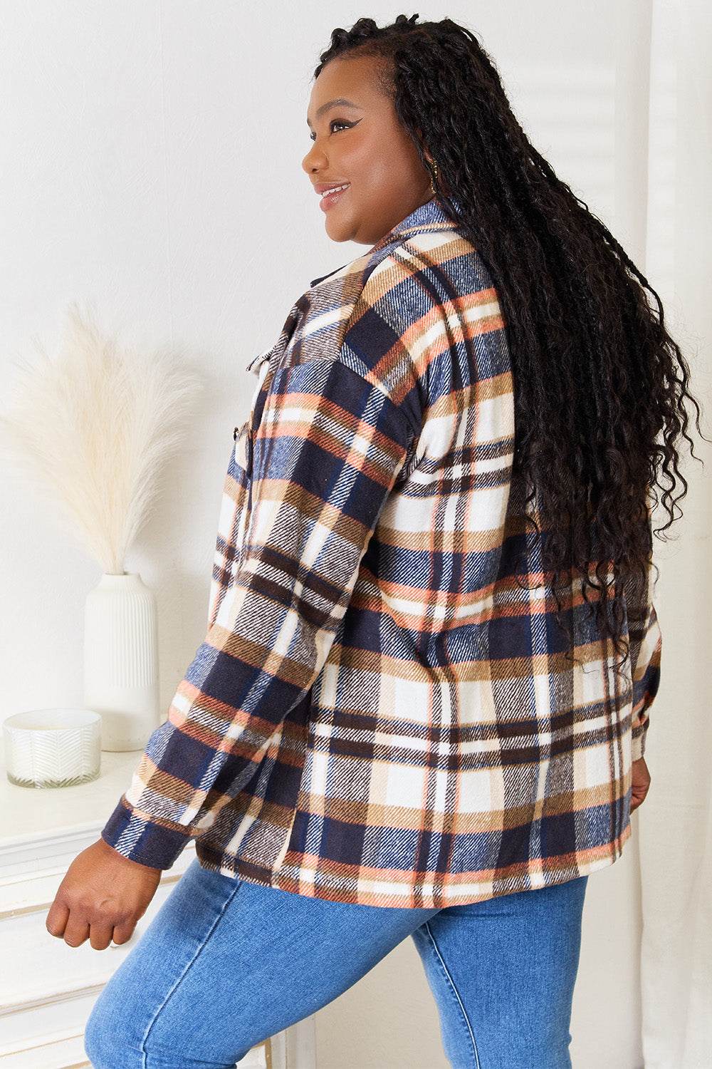 Double Take Plaid Button Front Shirt Jacket with Breast Pockets - IntuitiveEncBoutique
