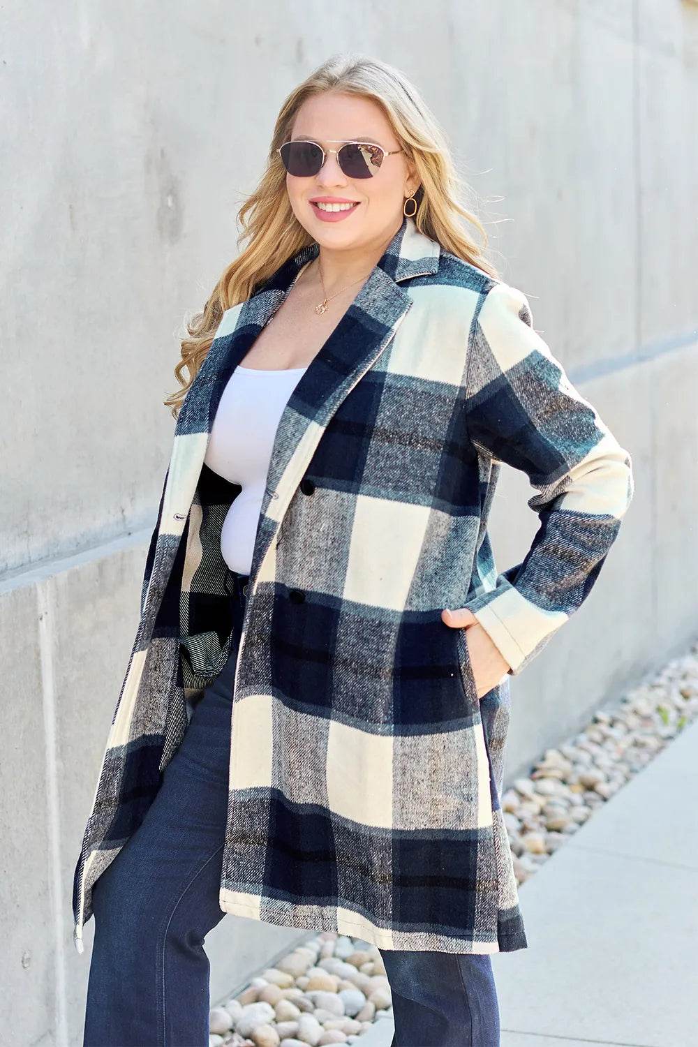 Double Take Full Size Plaid Button Up Lapel Collar Coat - IntuitiveEncBoutique